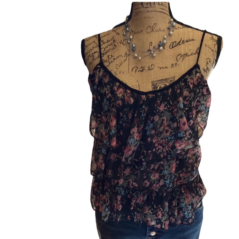 Body central black multicolored floral ruffle spaghetti strapped top